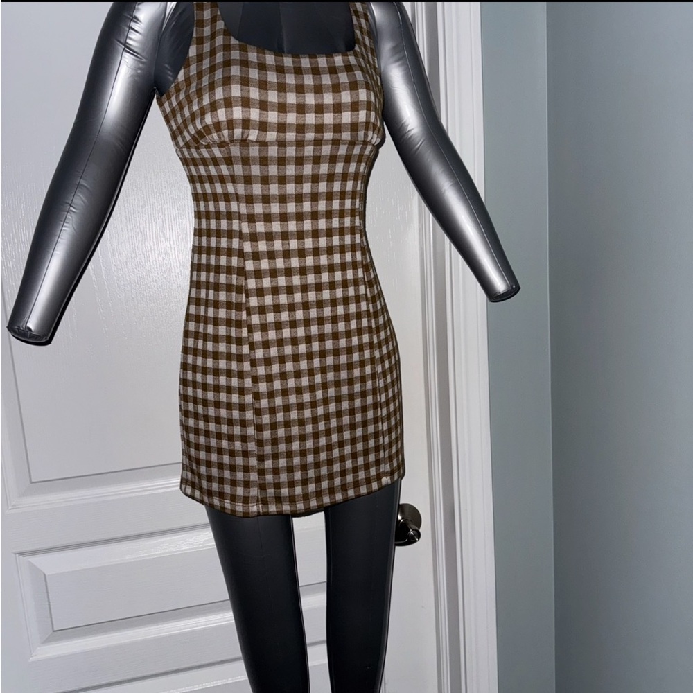 Altar'd State Checkered Brown and White Mini Dress M Preppy Feminine Minimalist